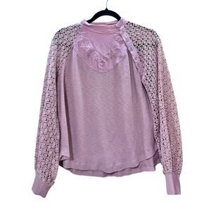 Free People Lace Sleeve Waffle Knit Top Pink Button Neck Embroidered Boho Small